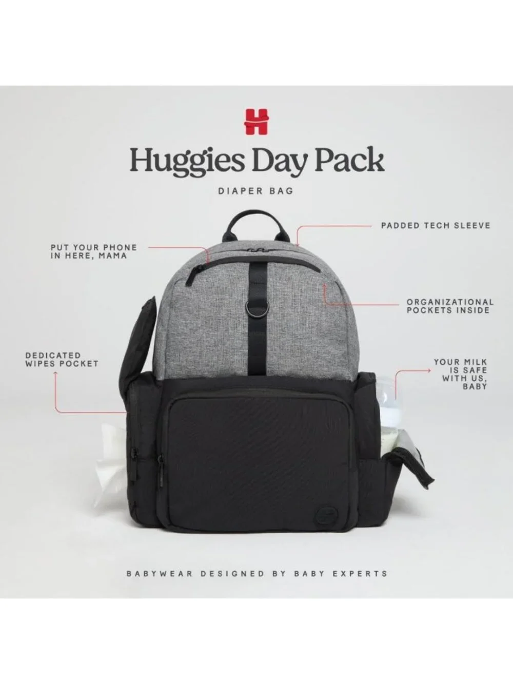 Unisex Adult Diaper Backpack, Stylish Dark Grey & Black, Convenient Day Pack